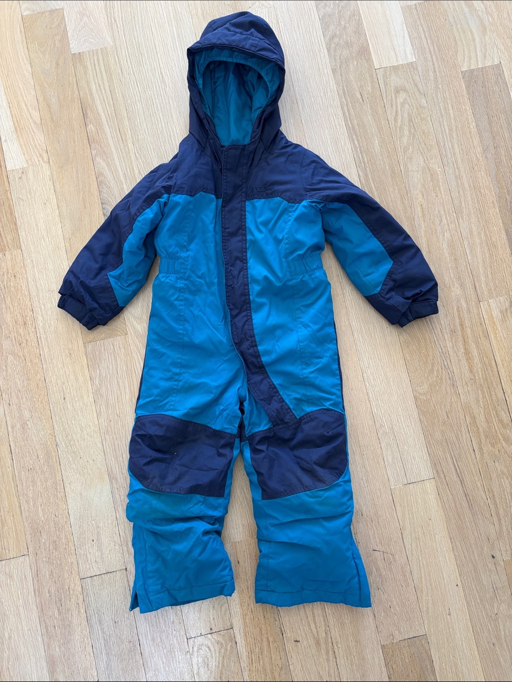 L.L. Bean Kids' Blue and Navy Hooded Puffer One-Piece Snowsuit